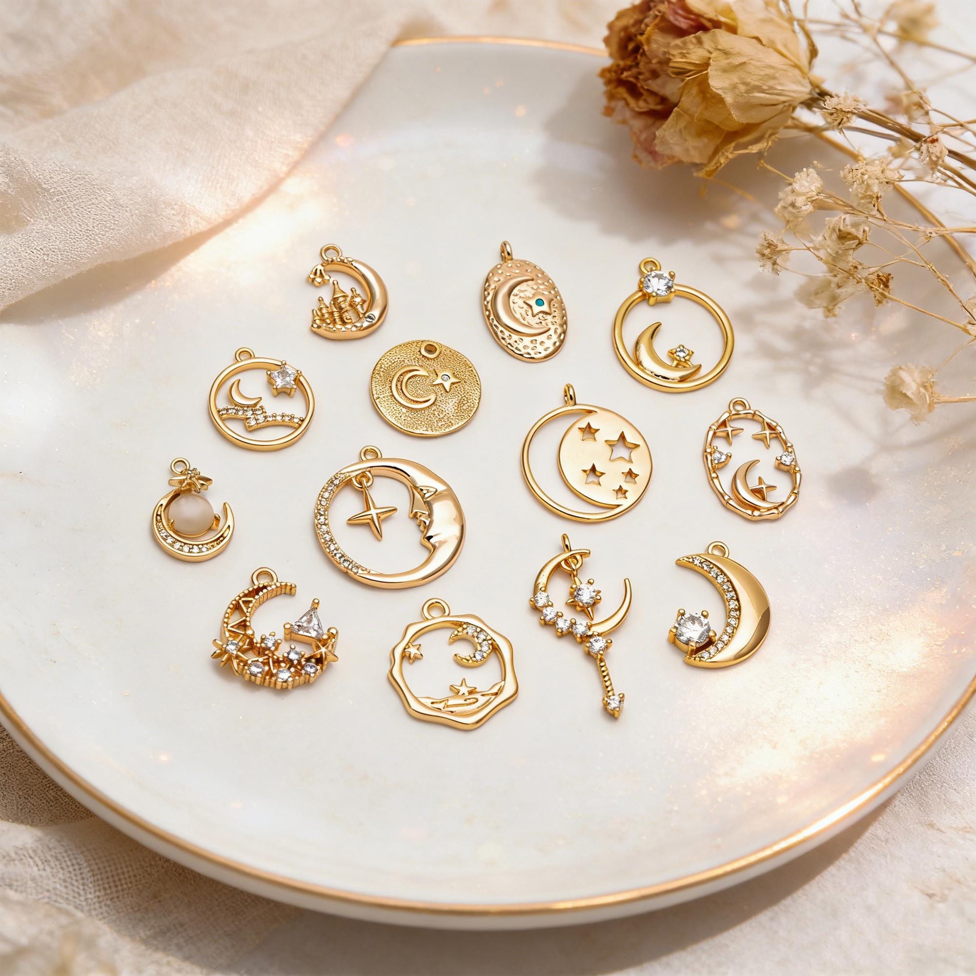 4pcs CZ pave Gold/ Silver Moon Star Charms, 18K Gold/ Rhodium plated Brass Moon Pendants (GB-2433)